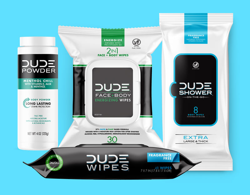 Layout comprised of the DUDE Menthol Chill Powder, DUDE Energizing Body Wipes, DUDE Shower On-the-go, and the DUDE Wipes 48ct package