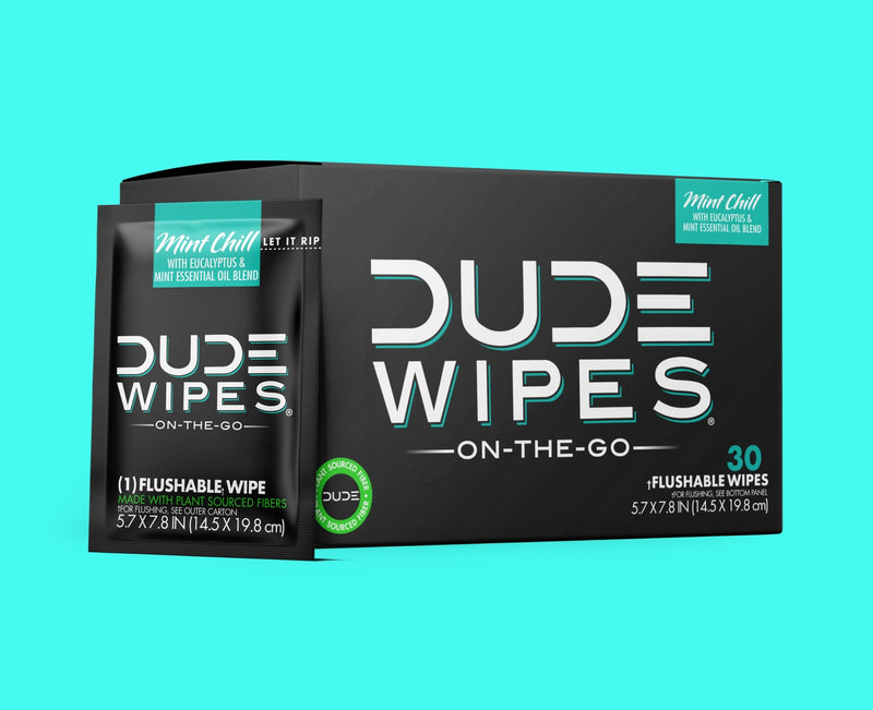 Single pack of DUDE Wipes On-the-go Mint Chill next to box of 30
