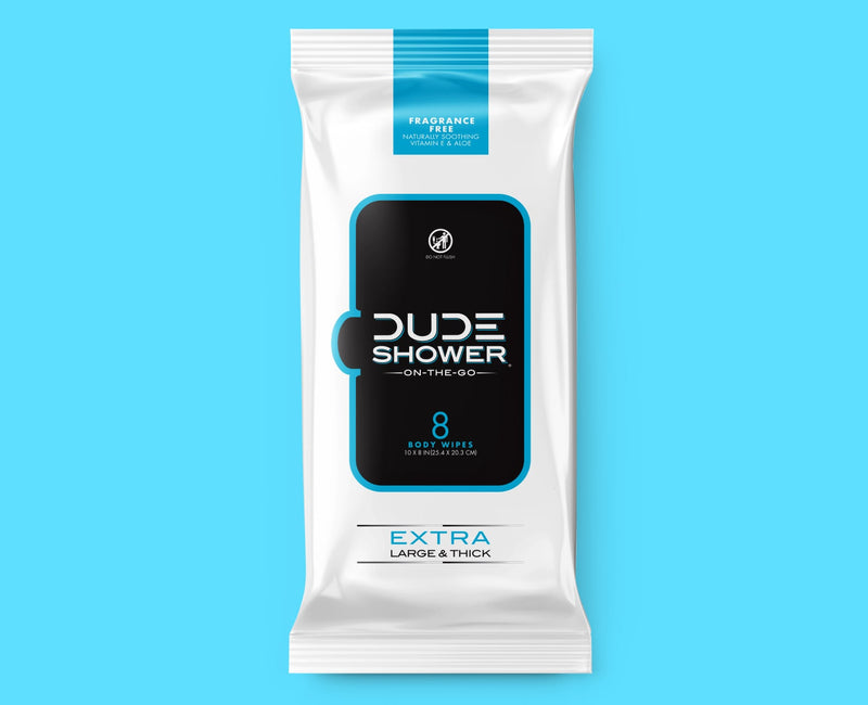 Packaging for the DUDE Shower On-The-Go product, 8 Extra large and thick body wipes.