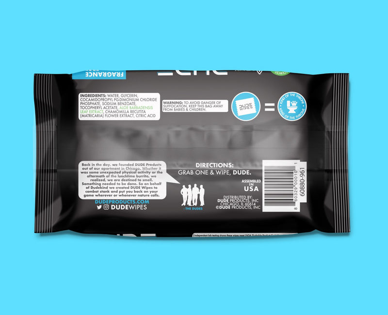 Back of the DUDE Wipes Fragrance Free 48ct Package