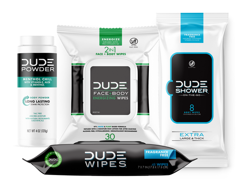 Layout comprised of the DUDE Menthol Chill Powder, DUDE Energizing Body Wipes, DUDE Shower On-the-go, and the DUDE Wipes 48ct package